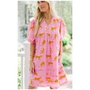 J Marie Follow You Anywhere Cheetah Pink Preppy Puff Sleeve Dress